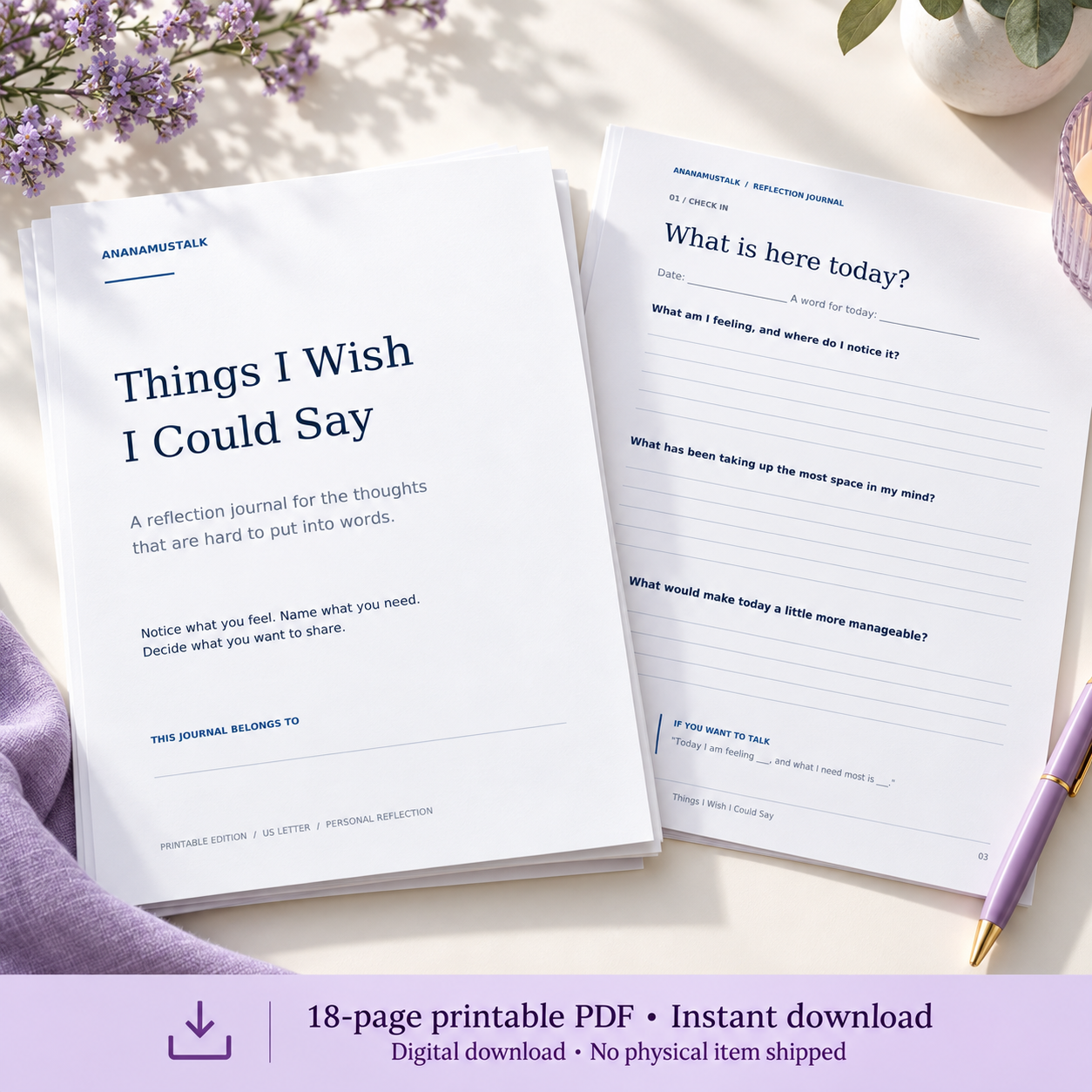 AnanaMUSTalk Things I Wish I Could Say reflection journal cover and sample check-in page; 18-page printable PDF, instant digital download.